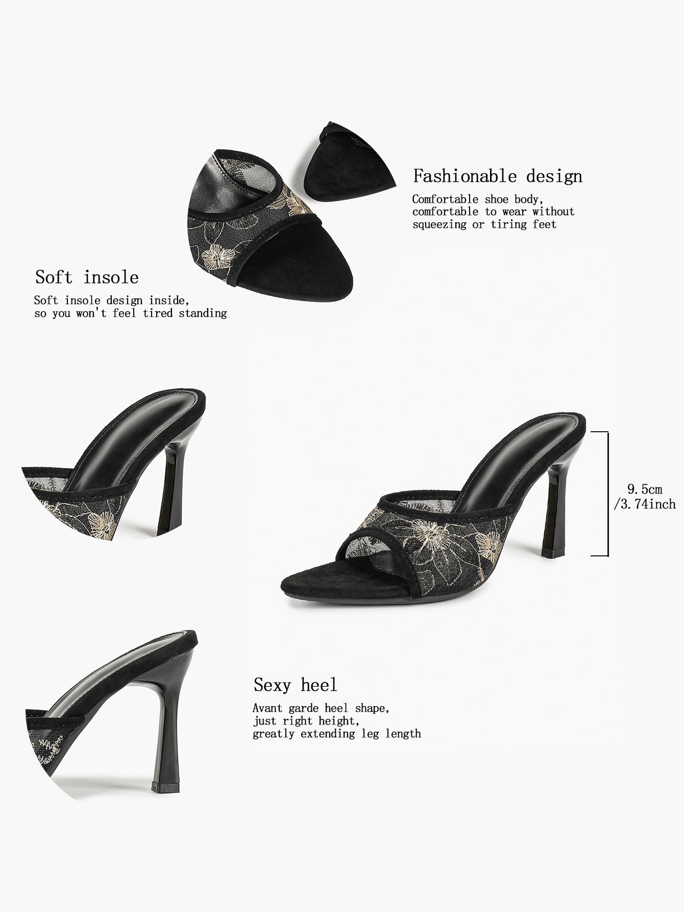 Beige Glitter Mesh Floral Embroidery Stiletto Mules Open Toe Slip-On Evening Party Club Shoes