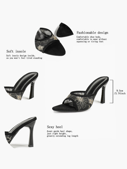 Beige Glitter Mesh Floral Embroidery Stiletto Mules Open Toe Slip-On Evening Party Club Shoes