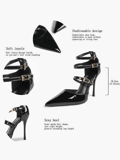 Cream Triple Ankle Strap Stiletto Pumps – Women’s Pointed Toe Cage Heel High Heels YISHIFAN