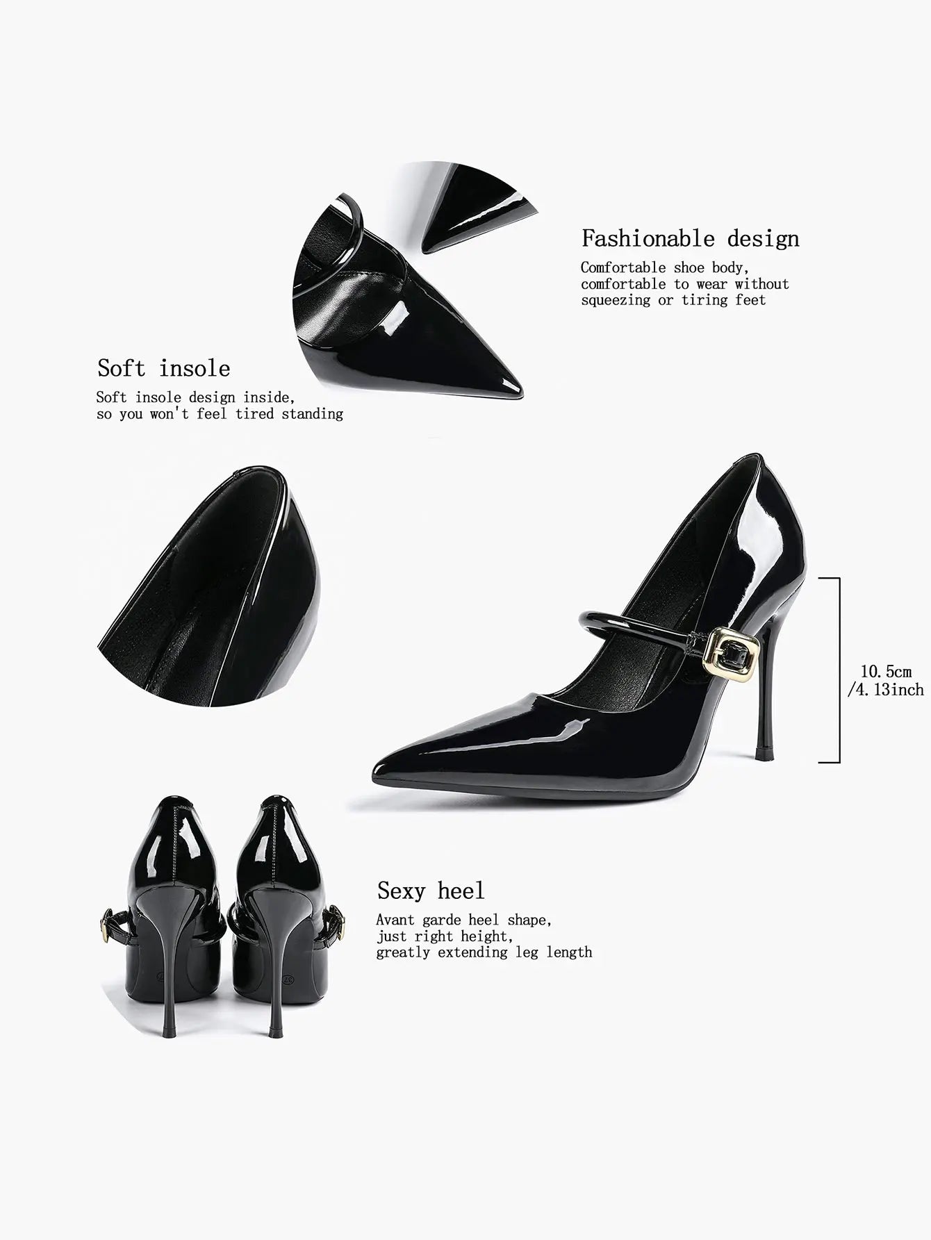 Women's Leather Stiletto Heels 4.13 Inch Pointed Toe Strap Pumps Shoes with Buckle for Casual Office YISHIFAN