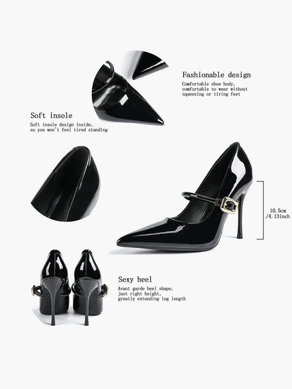 Women's Leather Stiletto Heels 4.13 Inch Pointed Toe Strap Pumps Shoes with Buckle for Casual Office YISHIFAN