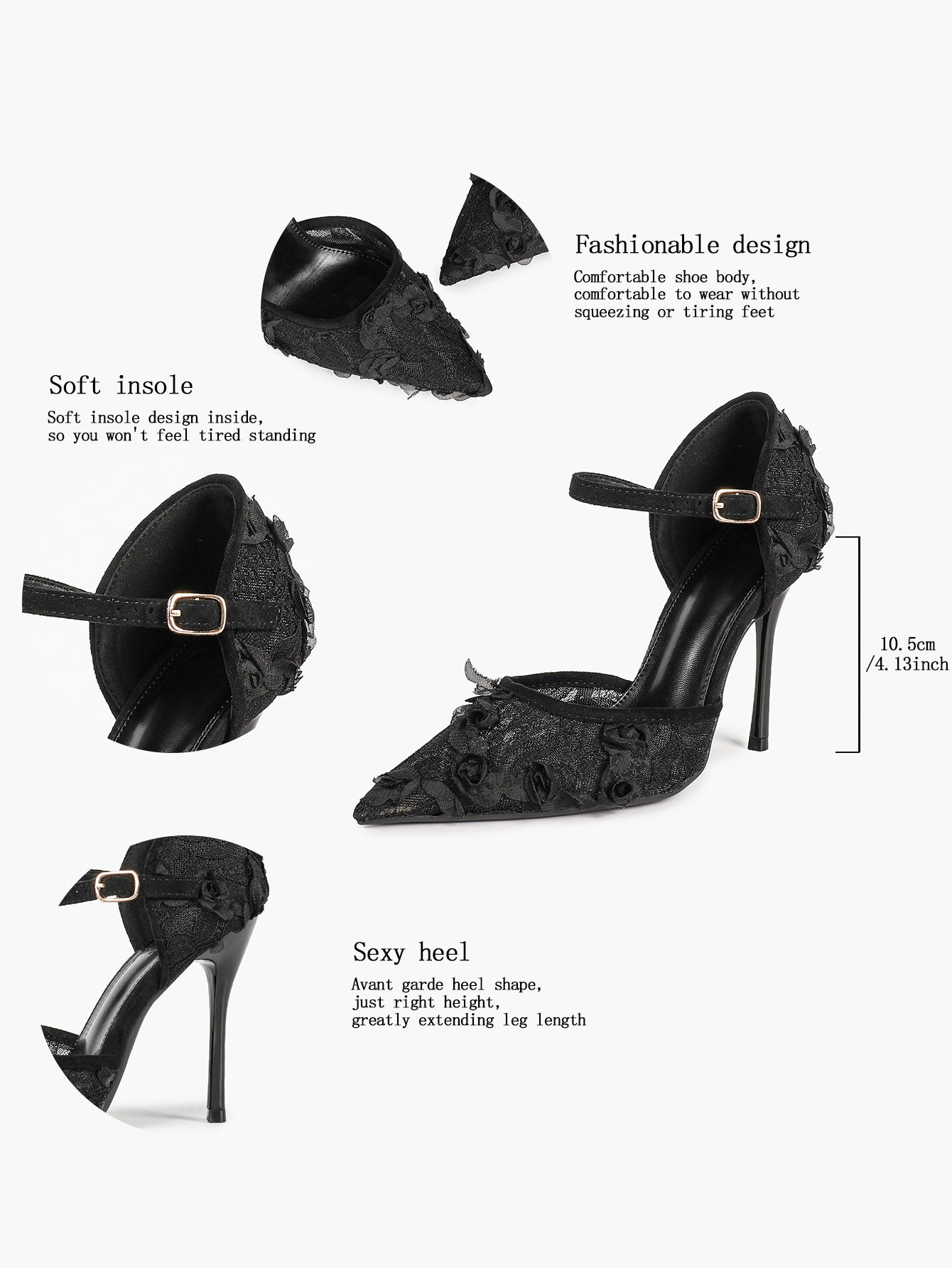 Chic White 3D Lace Stiletto Pumps - Pointed Toe Ankle Strap Heels with Floral Appliqué