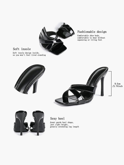 Women's Leather Mule Sandals Block Heel Cross Strap Slip with 3.74 Inch Heel For Daily Casual Office Dress Shoes YISHIFAN