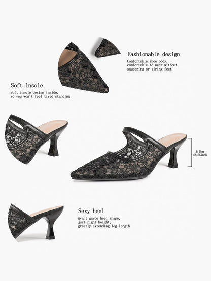Black Floral Lace Mary Jane Kitten Heel Mules – Women's Pointed Toe Goblet Heel Slip-On YISHIFAN