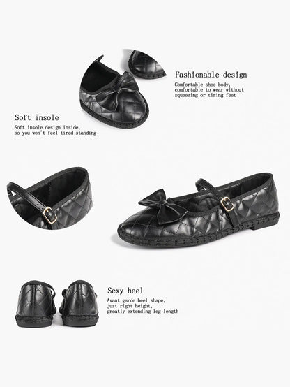 Women Round Toe Bow Quilted Mary Janes Flats Comfortable Casual Dress Shoes with Buckle Strap Casual Work Office Shoes YISHIFAN