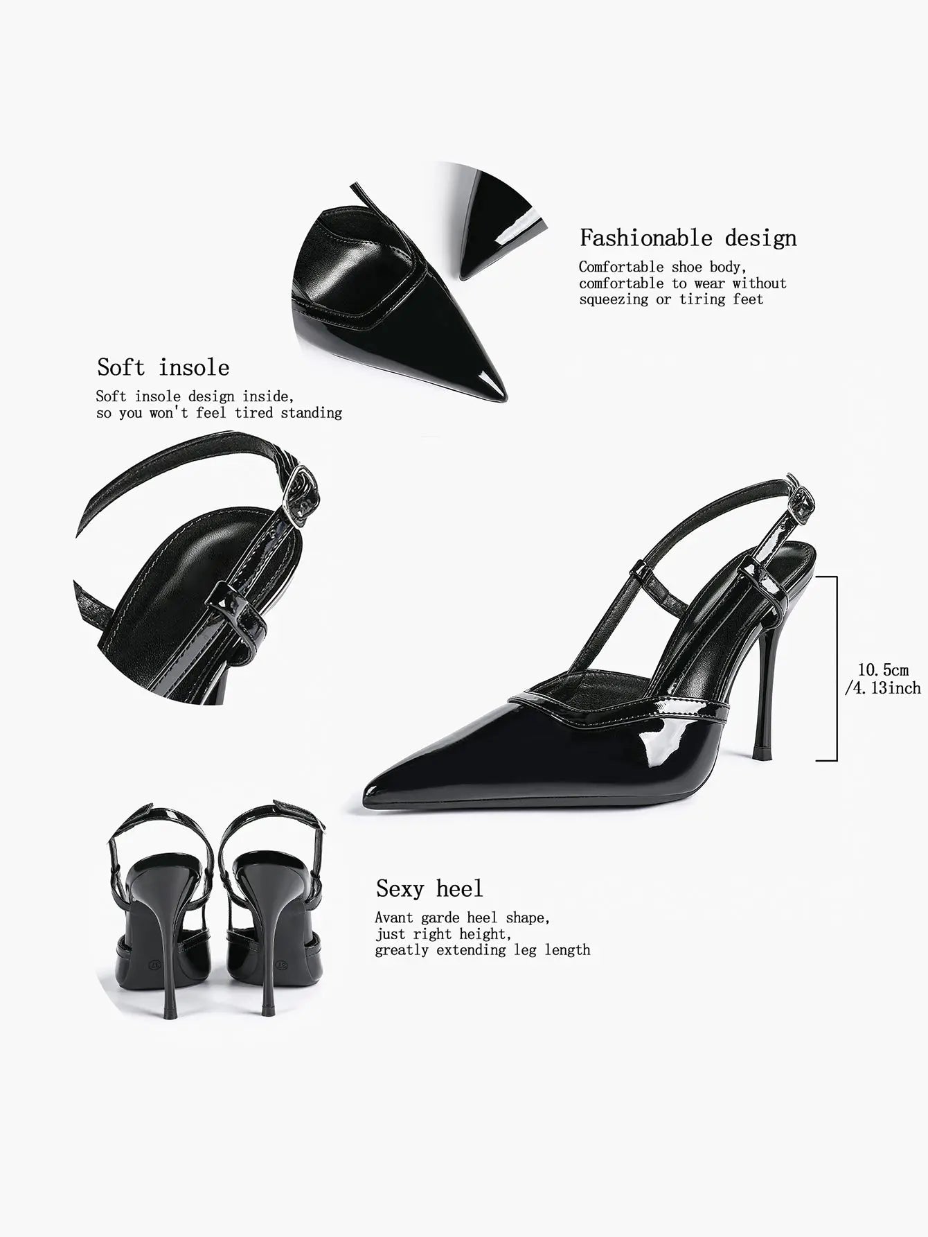 Women's Black Leather High-Heel Sandals Pointed Toe Stiletto Heels Office with for Wedding Party YISHIFAN