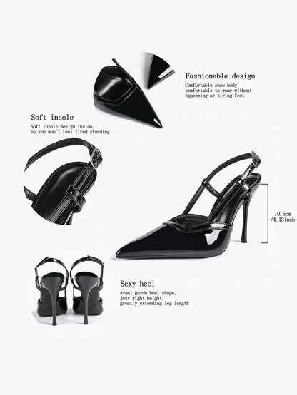 Women's Black Leather High-Heel Sandals Pointed Toe Stiletto Heels Office with for Wedding Party YISHIFAN