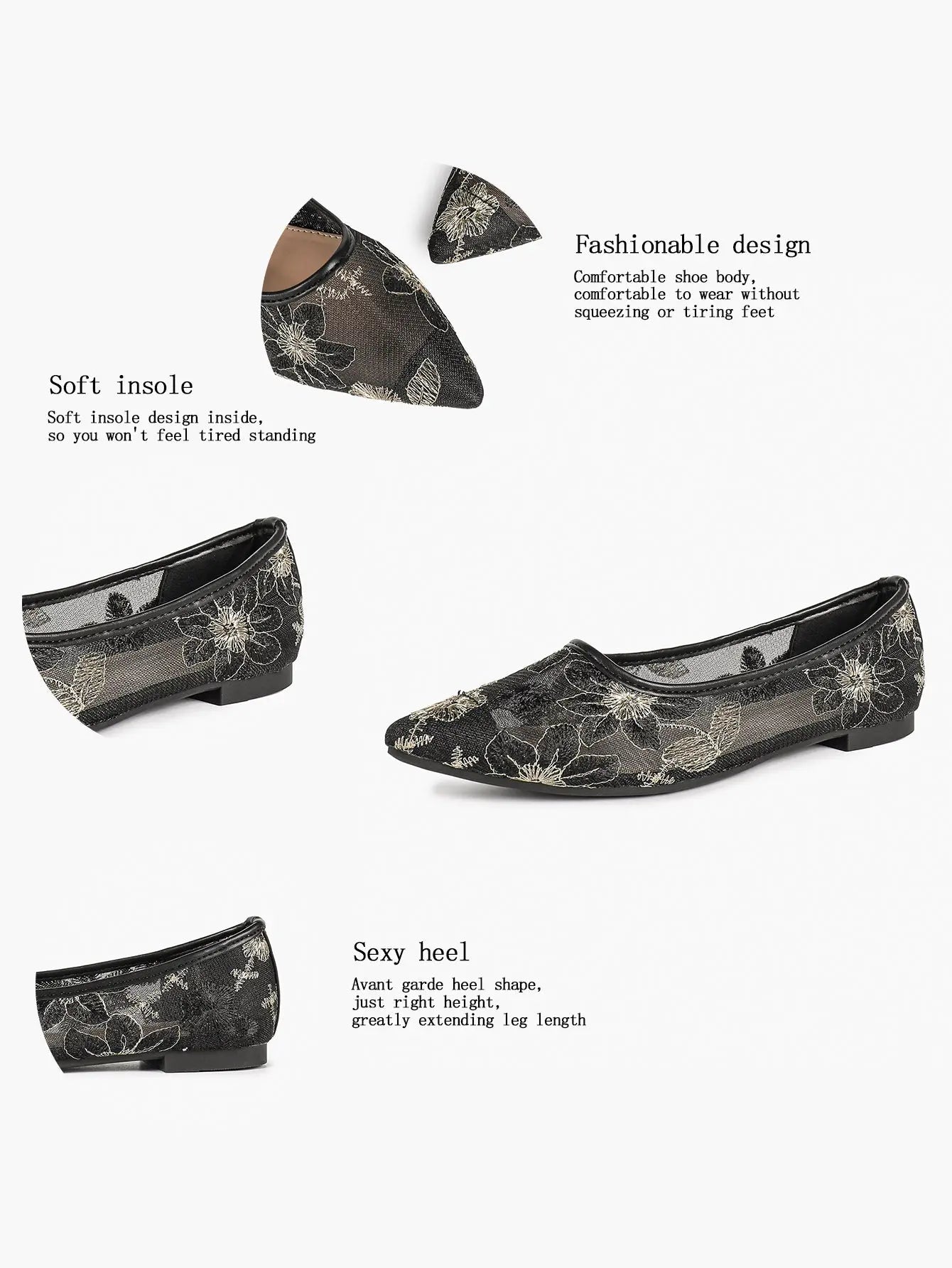 White & Gold Chrysanthemum Embroidery Mesh Pointed Toe Flats – Women's Metallic Floral Ballet Flat YISHIFAN