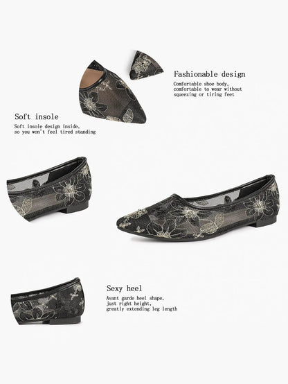 White & Gold Chrysanthemum Embroidery Mesh Pointed Toe Flats – Women's Metallic Floral Ballet Flat YISHIFAN