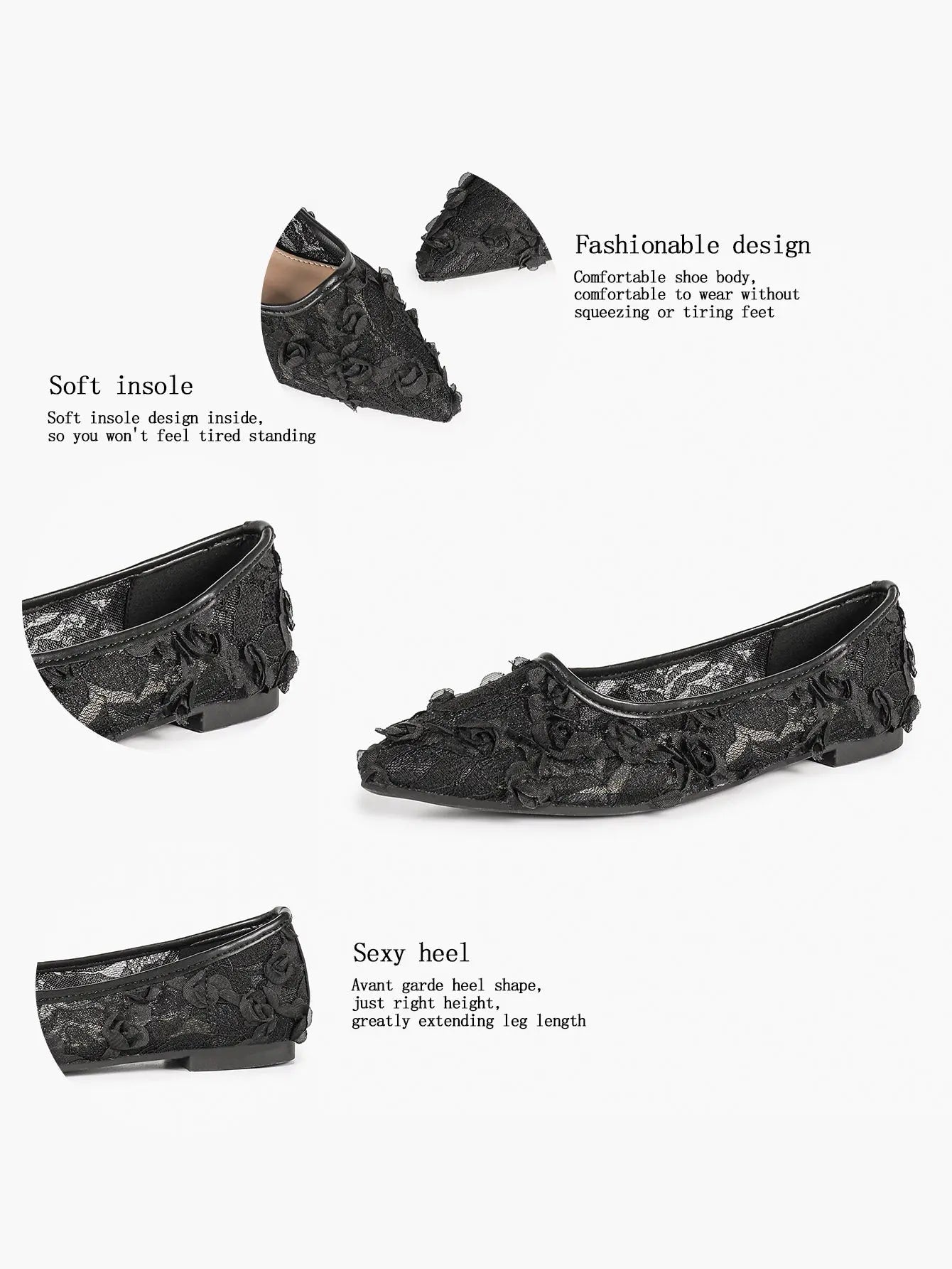 Pink 3D Rose Appliqué Lace Mesh Pointed Toe Flats – Women's Handcrafted Floral Ballet Flat YISHIFAN