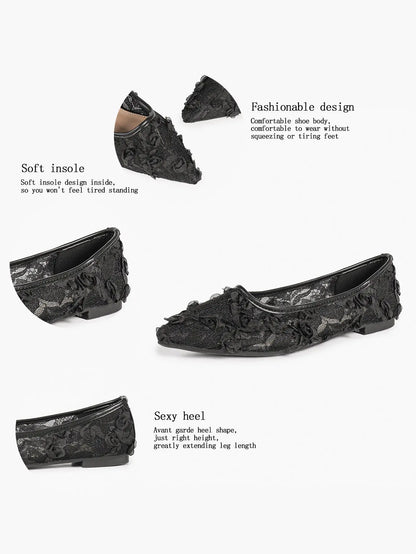 Pink 3D Rose Appliqué Lace Mesh Pointed Toe Flats – Women's Handcrafted Floral Ballet Flat YISHIFAN