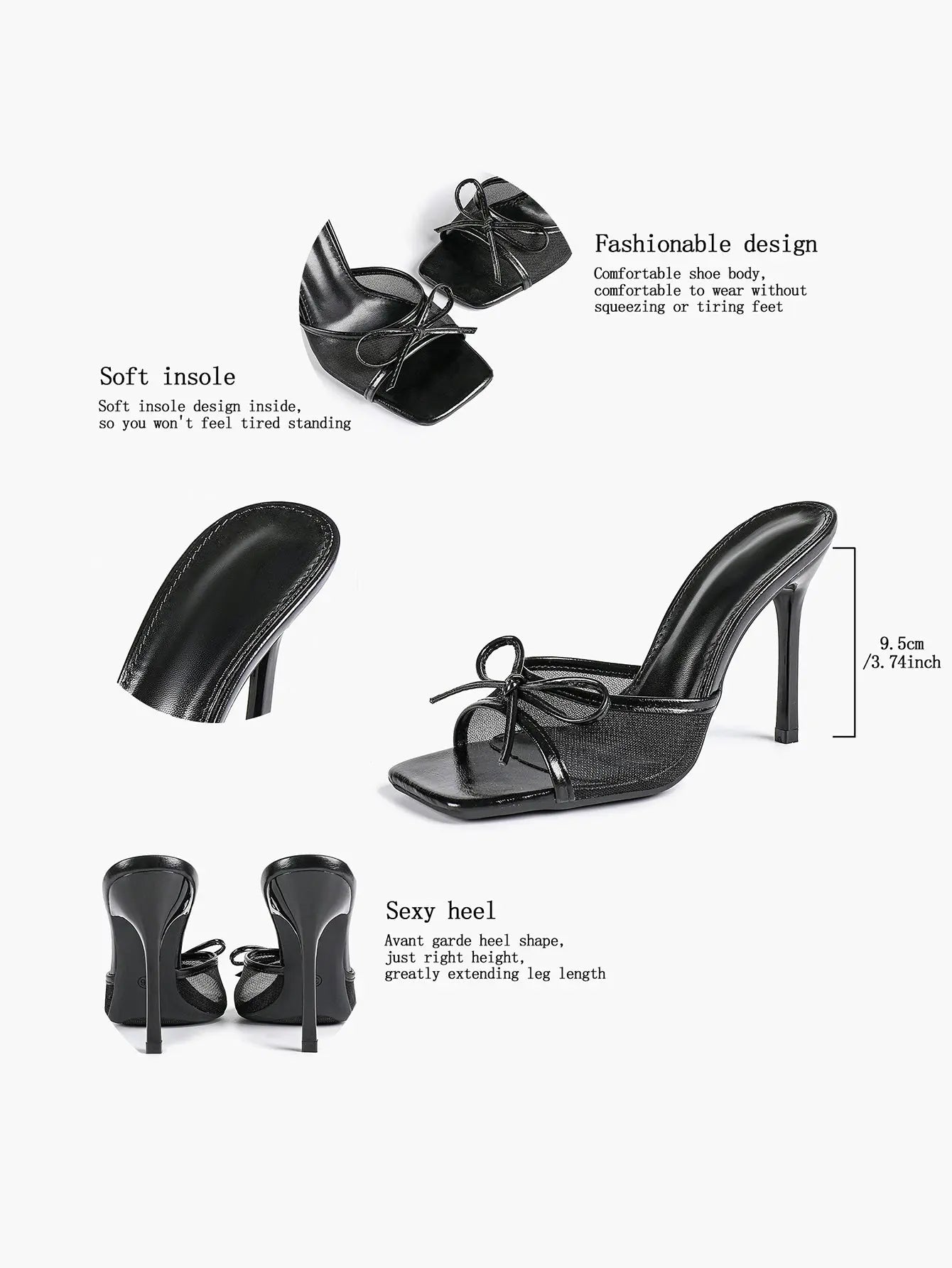 Women's Bowknot Mesh High Heel Sandals 3.74 Inch Open Square Toe Stiletto Sandals YISHIFAN