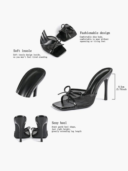 Women's Bowknot Mesh High Heel Sandals 3.74 Inch Open Square Toe Stiletto Sandals YISHIFAN