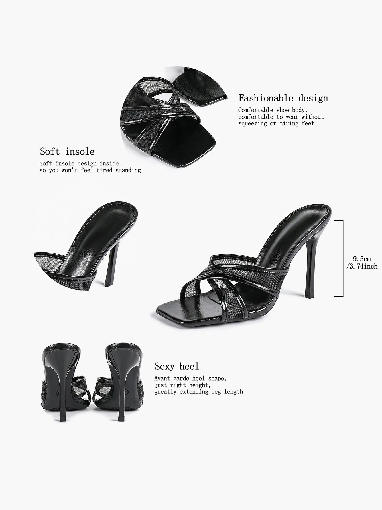 Women's Square Toe Cross Strap High Heel Sandals 3.74 Inch Sexy Stiletto Heels with Soft Insole Comfortable Mesh YISHIFAN