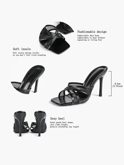 Women's Square Toe Cross Strap High Heel Sandals 3.74 Inch Sexy Stiletto Heels with Soft Insole Comfortable Mesh YISHIFAN