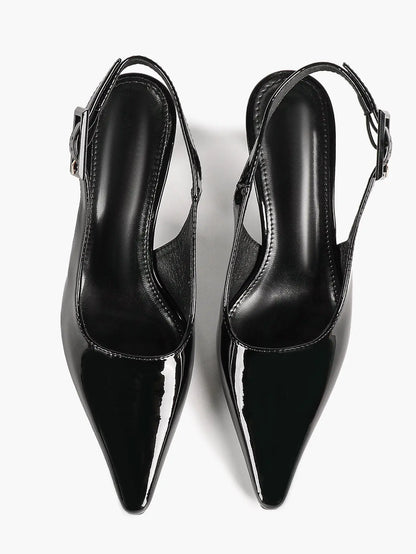 Women's Pointed Toe Slingback Pumps Patent Leather Chunky High Heels Dress Shoes with Adjustable Buckle Strap YISHIFAN