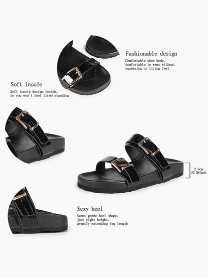 White Double-Buckle Platform Slide Sandals with Gold-Tone Hardware
