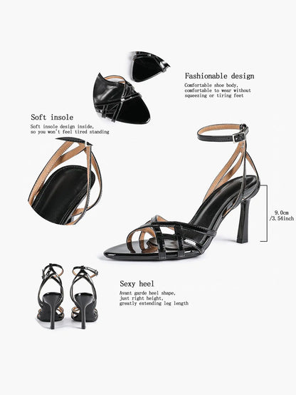 Leather Stiletto Heels for Women Open Pointed Toe Cross Ankle Strap Sandals for Wedding Party YISHIFAN