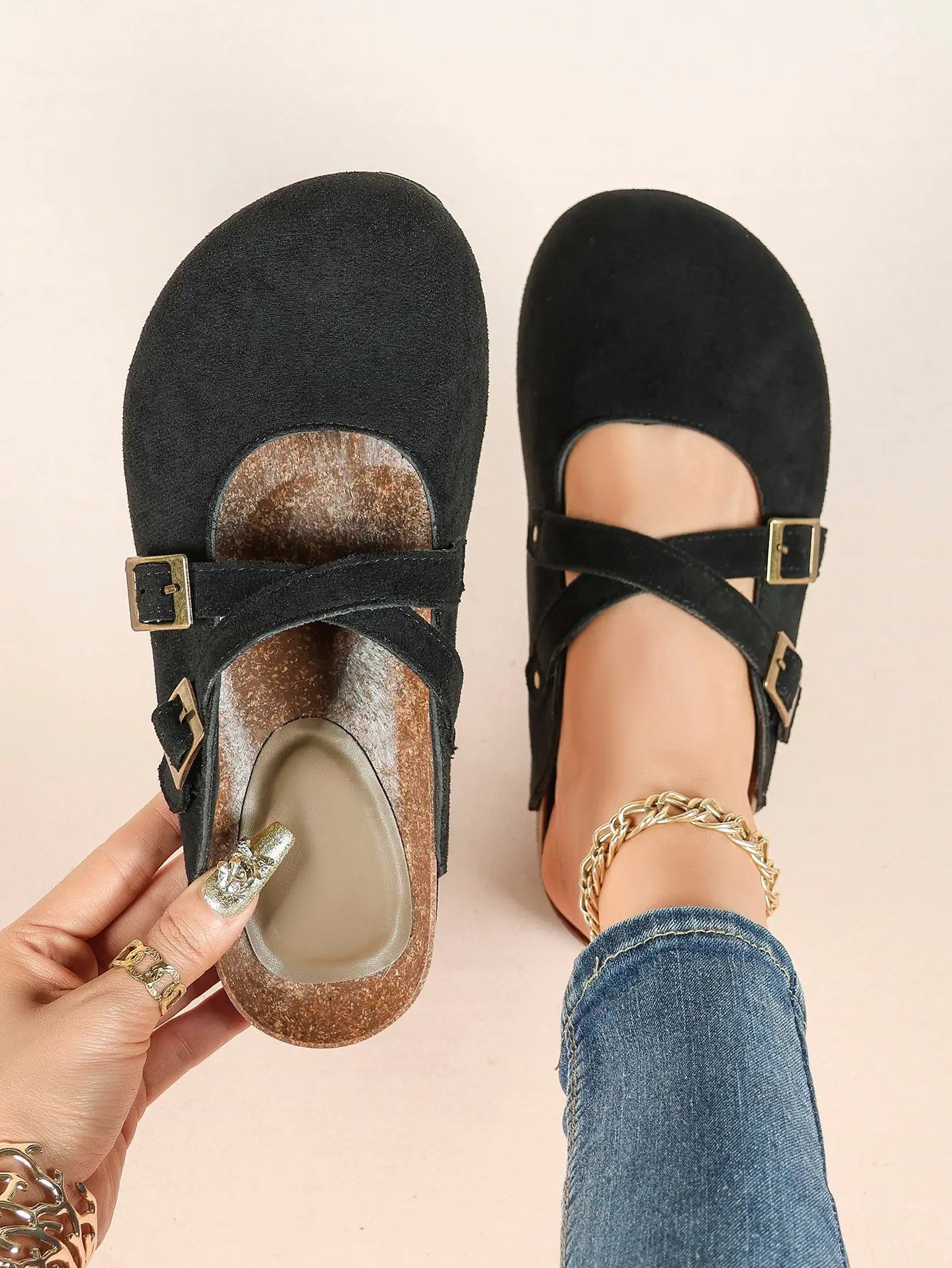 Black Suede Double Cross Strap Boston Clogs – Women's Cork Platform Closed Toe Mule with Antique Gold Buckles YISHIFAN