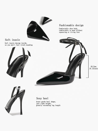 Black Patent D’Orsay Bow Ankle Strap Stiletto Heels – Women’s Pointed Toe High Heels YISHIFAN