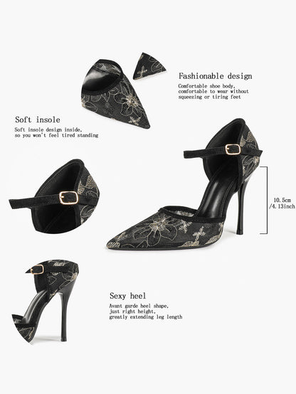 Sparkly Lace Pointed Toe Heels - 4.13" Ankle Strap Pumps with Non-Slip Sole