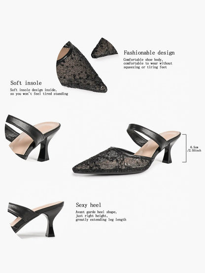 Black Sequin Lace Double Strap Kitten Heel  – Women's Pointed Toe Goblet Heel Slip-On YISHIFAN