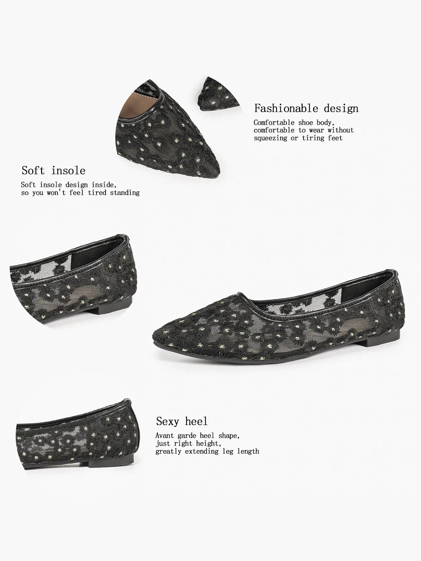 Black Floral Lace & Gold Star Embroidery Mesh Pointed Toe Flats – Women's Night-Sky Ballet Flat YISHIFAN