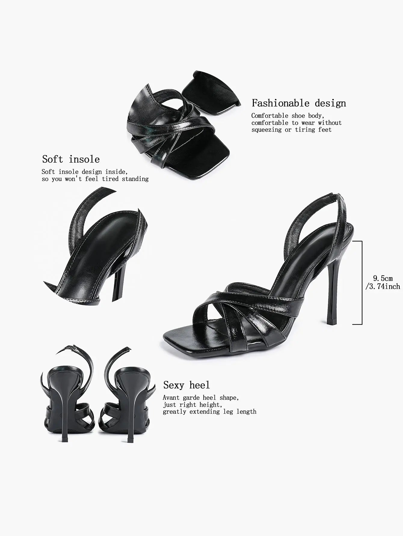 Women's White Leather Square-Toe Stiletto Heels Slingback Heels 3.74 Inch Cross-Strap Stiletto Sandals YISHIFAN