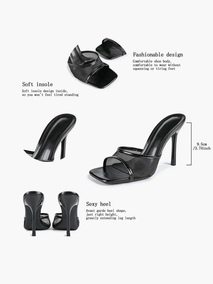 Women's Kitten Heels with Open Toe Square  Stiletto Sandals Slip On Mesh Mule Heels for Wedding Party YISHIFAN
