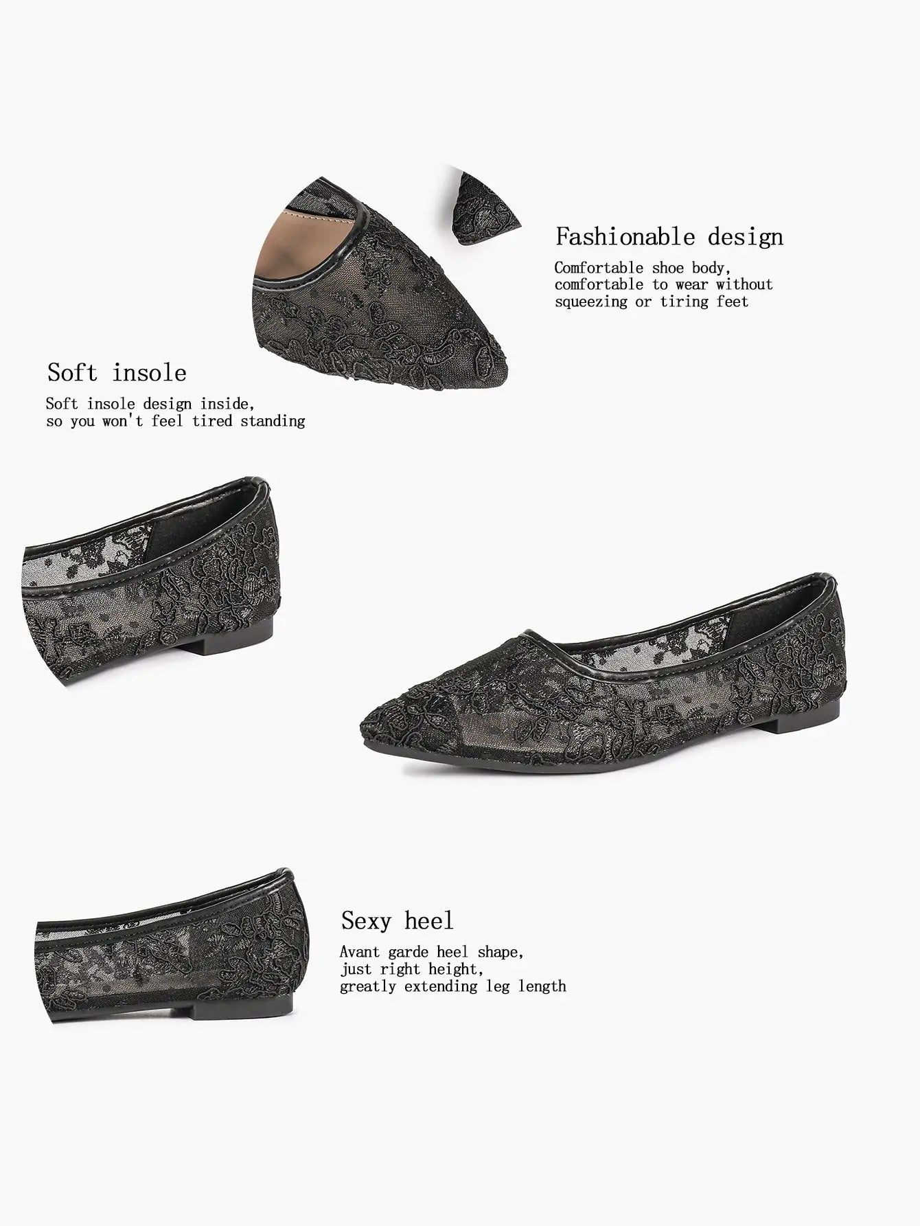 Black Lace Mesh Pointed Toe Flats Sheer Ballet Floral Embroidery YISHIFAN