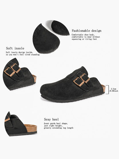 Gray Suede Double Buckle Boston Clogs  Closed Toe Cork Mule with Bronze Hardware YISHIFAN