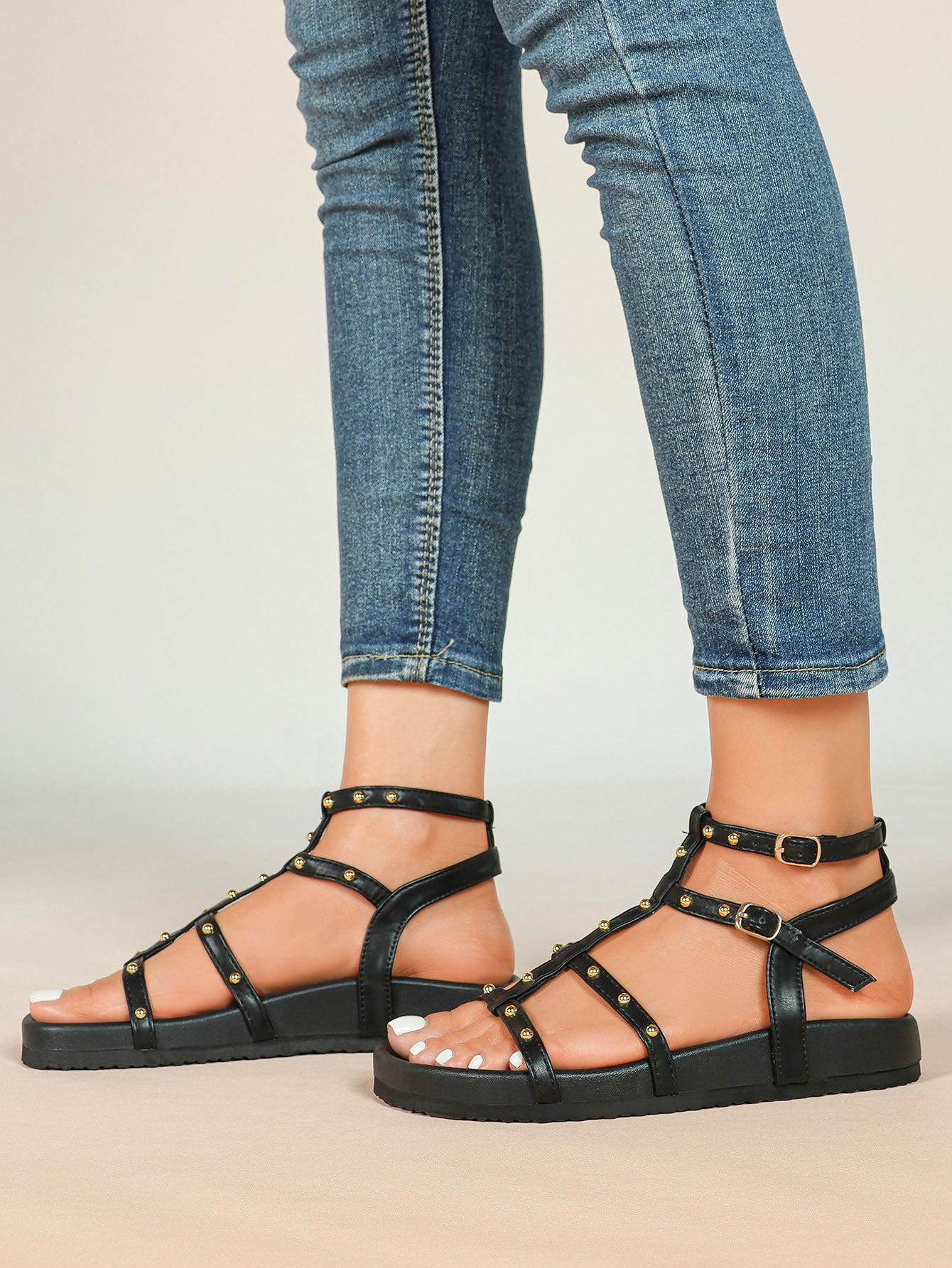 Black Multi-Strap Studded Sandals with Adjustable Ankle Buckles