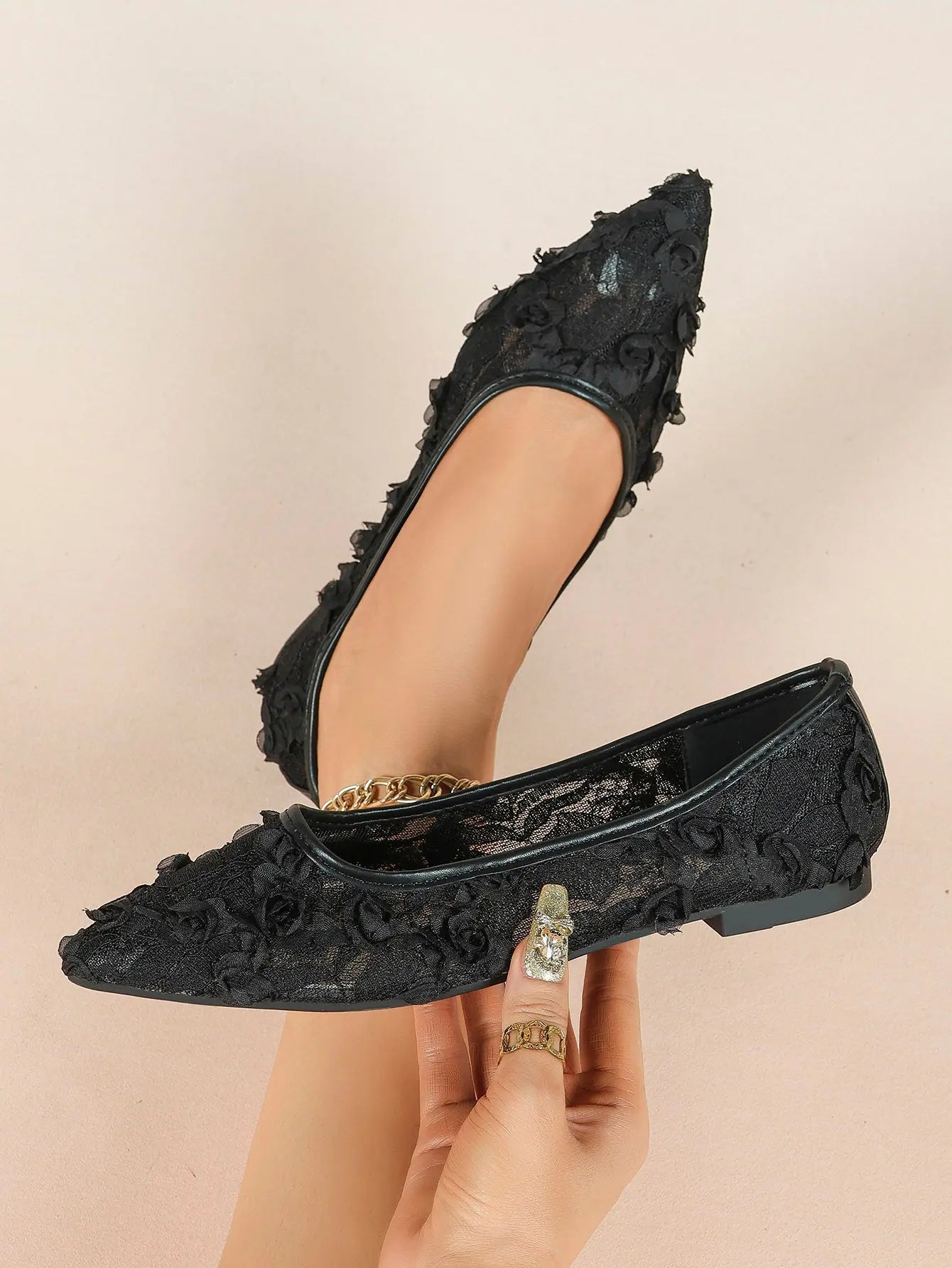 Pink 3D Rose Appliqué Lace Mesh Pointed Toe Flats – Women's Handcrafted Floral Ballet Flat YISHIFAN