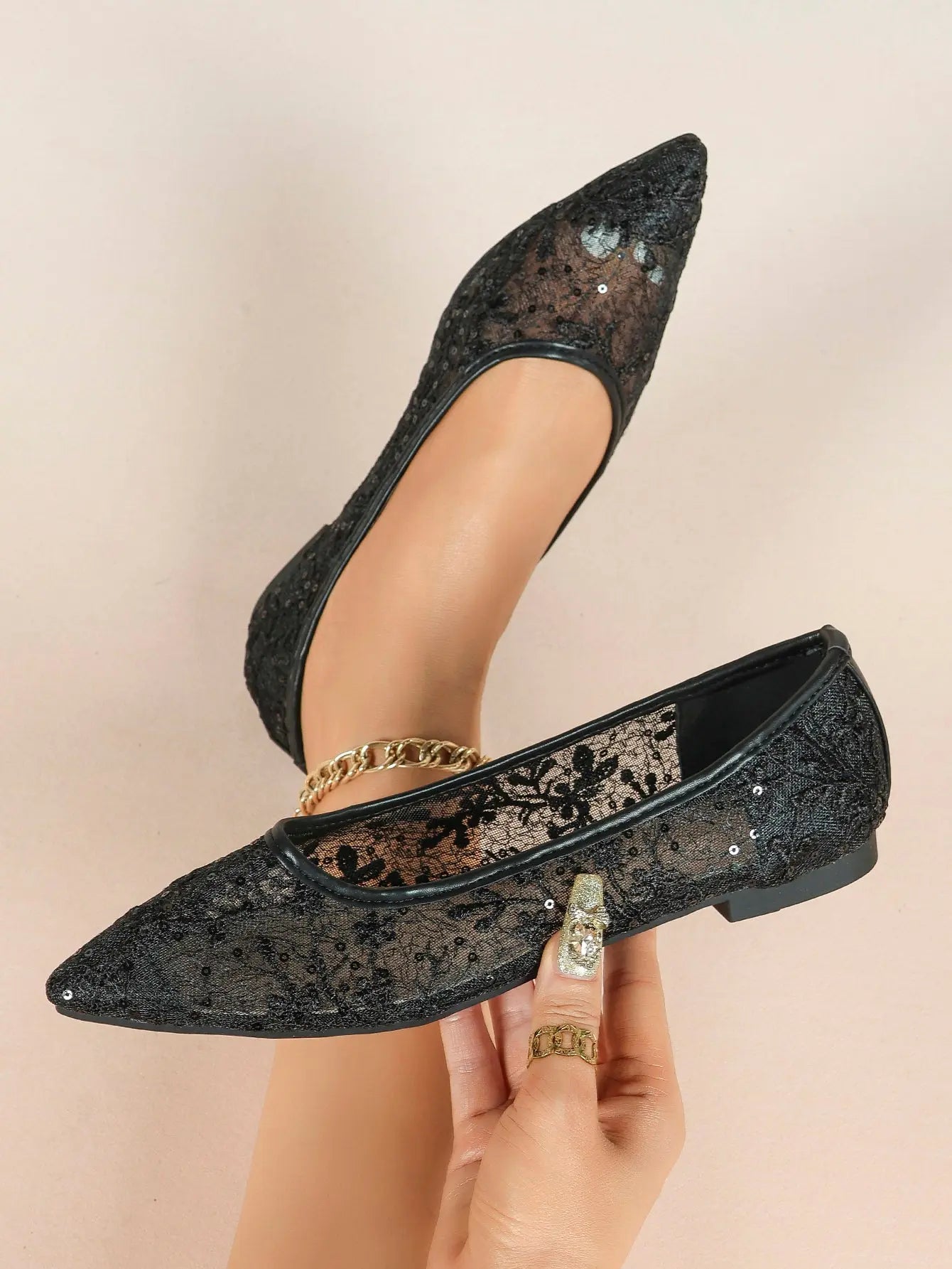Wine Red Sequin Lace Mesh Pointed Toe Flats – Women's Floral Embroidery Ballet Flat with Iridescent Shimmer YISHIFAN