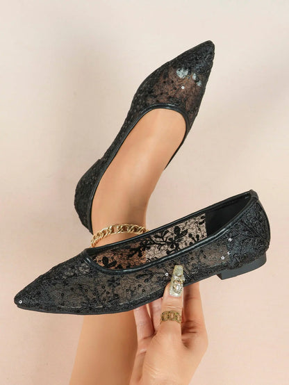 Wine Red Sequin Lace Mesh Pointed Toe Flats – Women's Floral Embroidery Ballet Flat with Iridescent Shimmer YISHIFAN