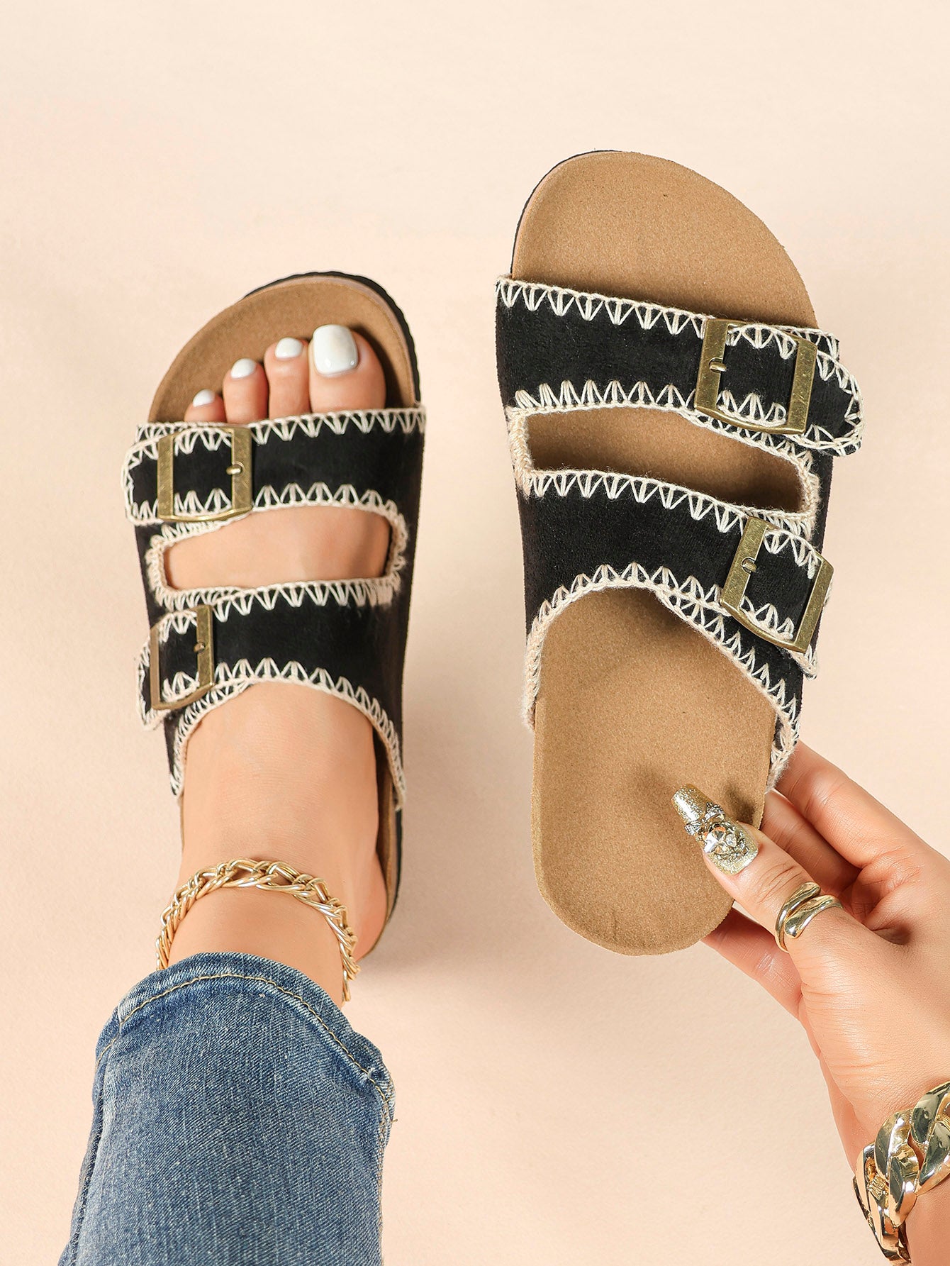 Taupe Suede-Effect Slides with Whipstitch Trim and Gold-Tone Buckles