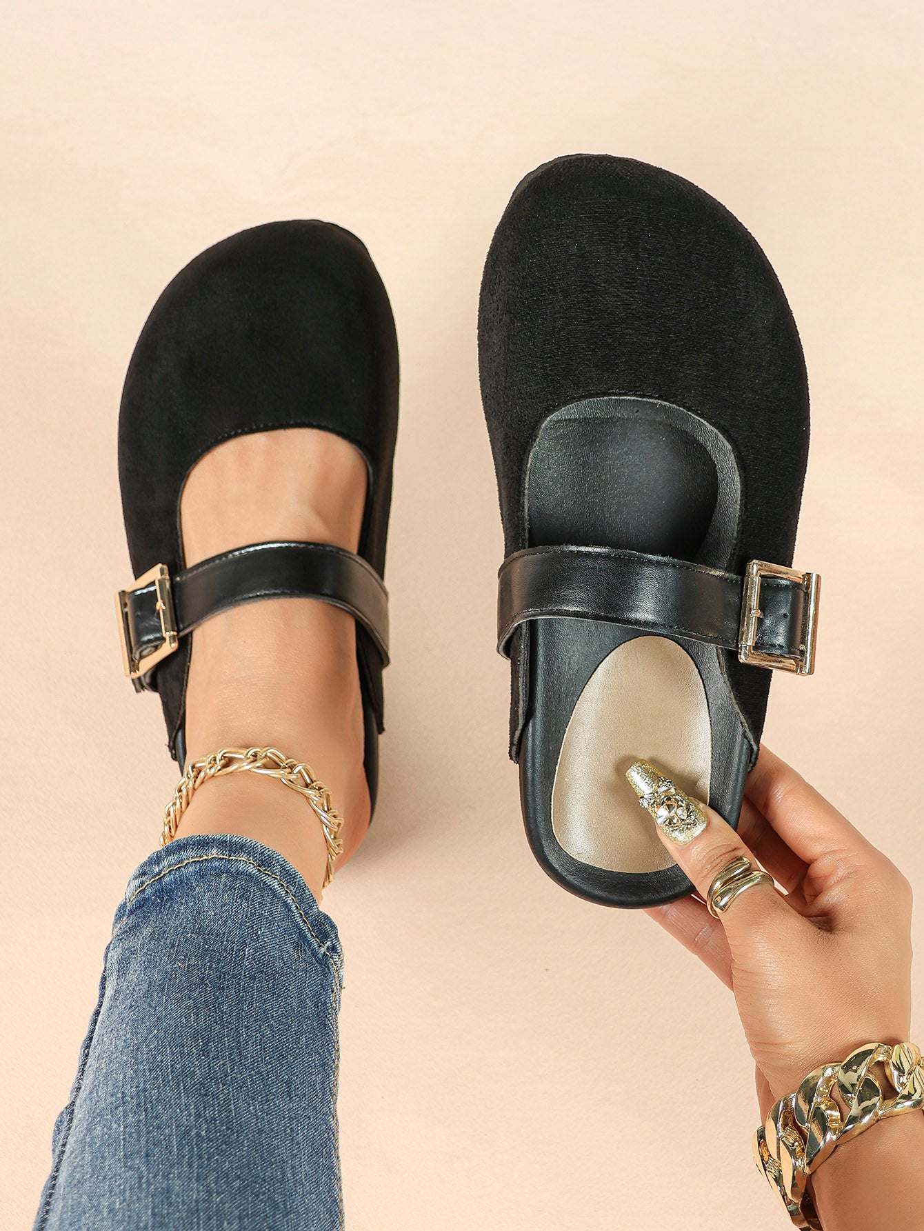 Black Suede Buckled Strap Slip-On Mules with Gold-Tone Hardware