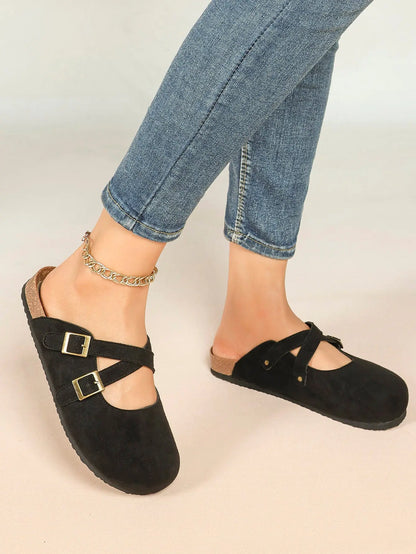 Black Suede Double Cross Strap Boston Clogs – Women's Cork Platform Closed Toe Mule with Antique Gold Buckles YISHIFAN