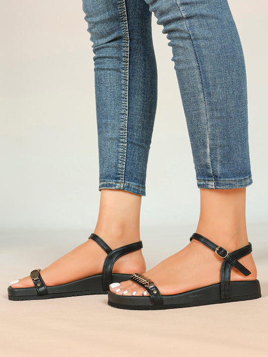 Black Flat Sandals with Gold-Tone Coin Detail and Adjustable Ankle Strap