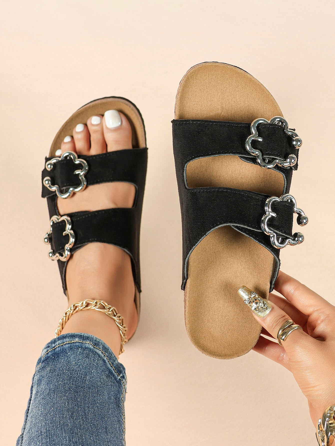 Black Suede Two-Strap Sandals with Silver Floral Buckles for Casual Summer Days