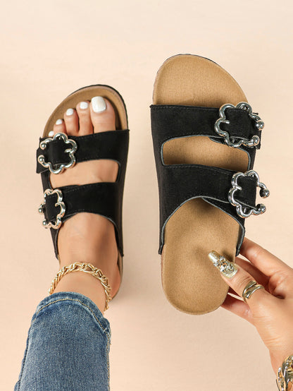 Black Suede Two-Strap Sandals with Silver Floral Buckles for Casual Summer Days