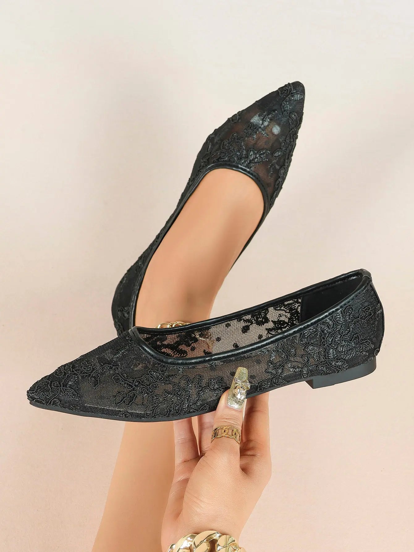 Black Lace Mesh Pointed Toe Flats Sheer Ballet Floral Embroidery YISHIFAN