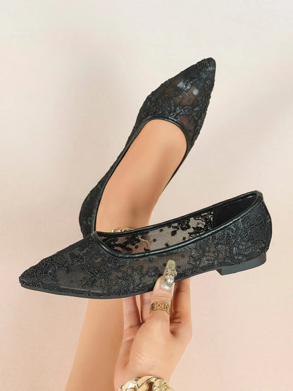 Black Lace Mesh Pointed Toe Flats Sheer Ballet Floral Embroidery YISHIFAN