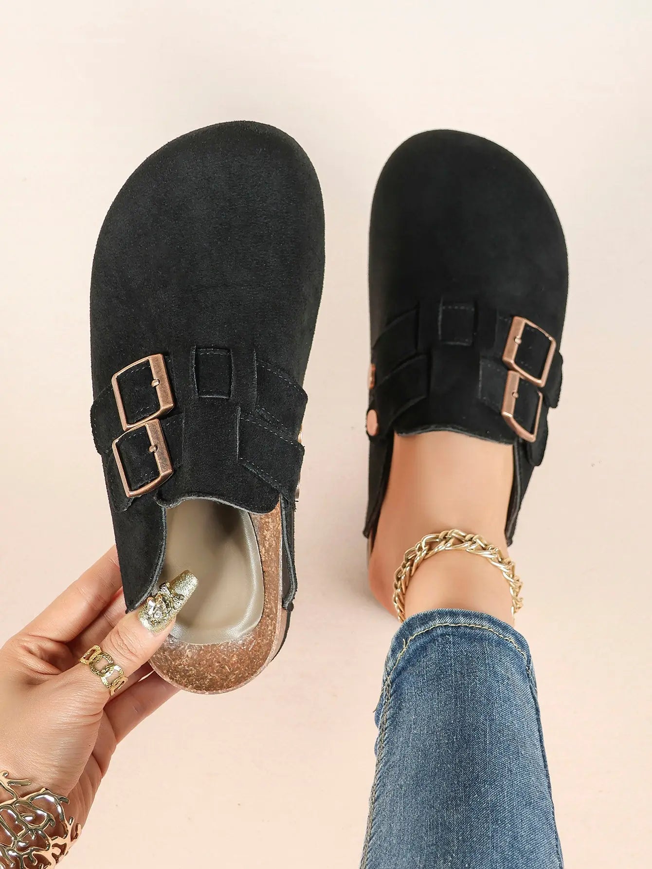 Gray Suede Double Buckle Boston Clogs  Closed Toe Cork Mule with Bronze Hardware YISHIFAN