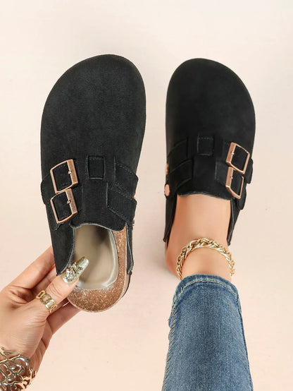 Gray Suede Double Buckle Boston Clogs  Closed Toe Cork Mule with Bronze Hardware YISHIFAN