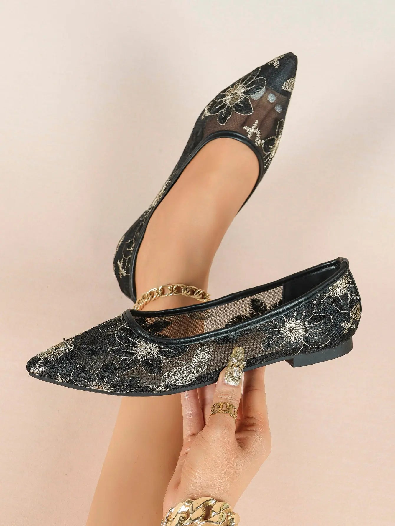 White & Gold Chrysanthemum Embroidery Mesh Pointed Toe Flats – Women's Metallic Floral Ballet Flat YISHIFAN