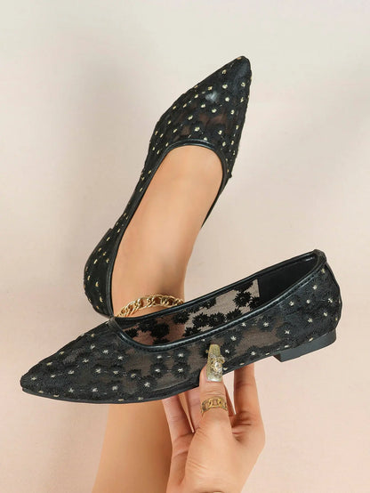 Black Floral Lace & Gold Star Embroidery Mesh Pointed Toe Flats – Women's Night-Sky Ballet Flat YISHIFAN