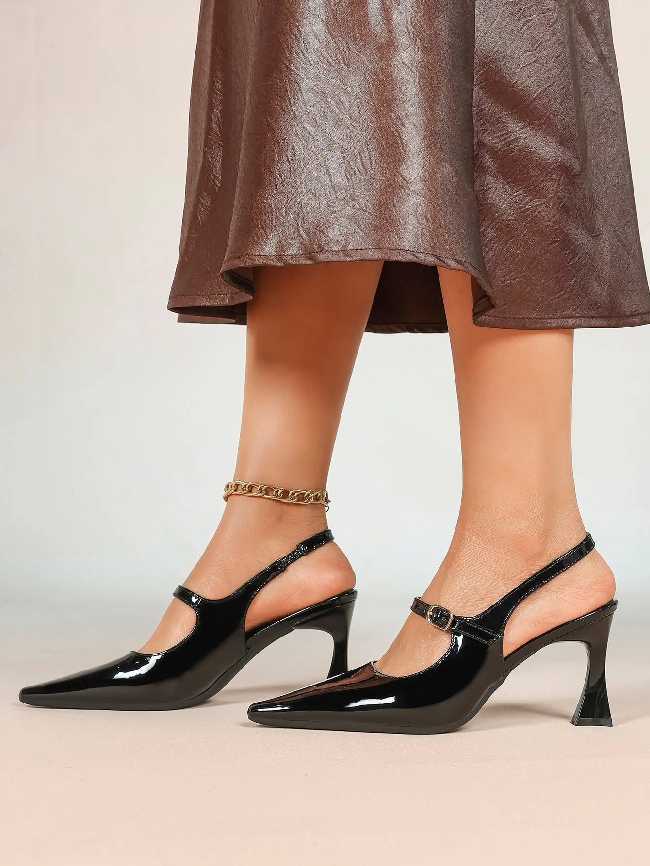 Black Slingback Pumps Patent Leather Pointed Toe Chunky High Heels Dress Shoes YISHIFAN