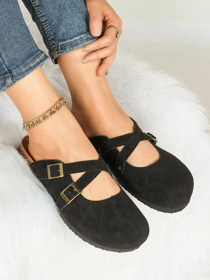 Black Suede Double Cross Strap Boston Clogs – Women's Cork Platform Closed Toe Mule with Antique Gold Buckles YISHIFAN
