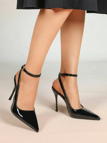 Wine Red Crinkle PU D’Orsay Ankle Strap Stiletto Slingback – Women’s Pointed Toe High Heels YISHIFAN